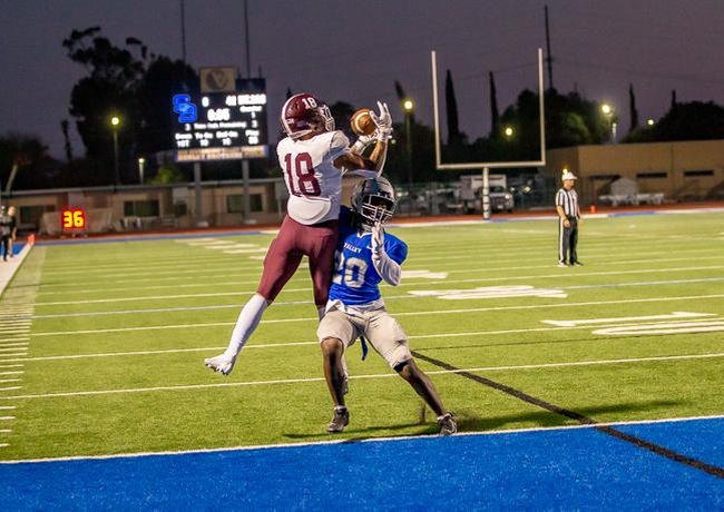 Mt. SAC Wide Receiver, Kanyon St. Julien with the touchdown reception over Wolverine defender. (Photo Courtesy of DavesSportsImage
