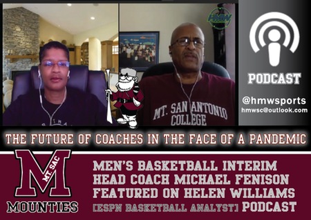 Graphic of Mt. SAC Interim Head Coach Michael Fenison Podcast with ESPN Basketball Analyst Helen Williams.